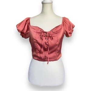 NEW Love Tree Rose Satin Short Puff Sleeve Lace Up Crop Top | Size Small